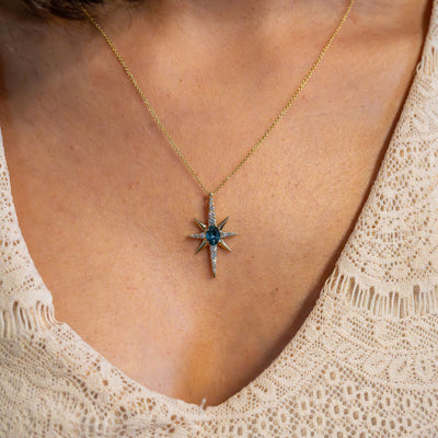 Montana Sapphire and Diamond Starburst Pendant in Yellow Gold