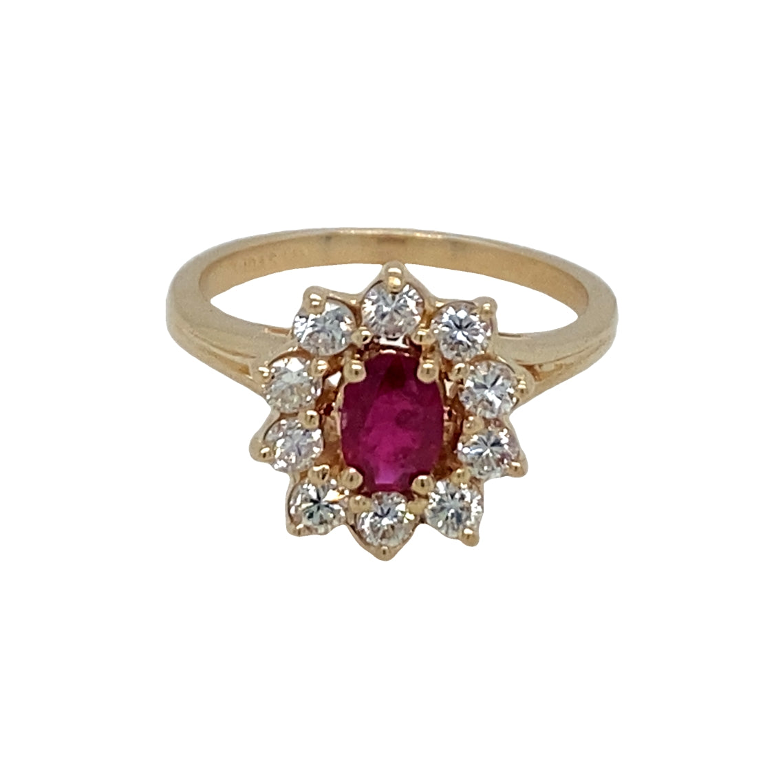 ESTATE Ruby and Diamond Halo Ring in Yellow Gold