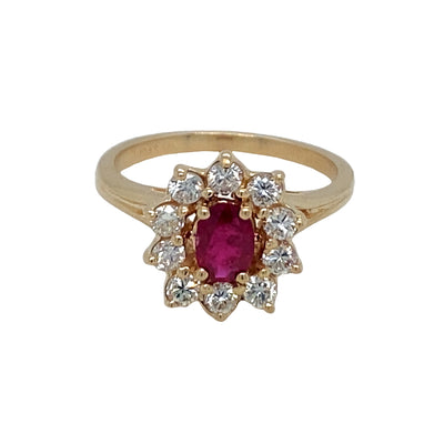 ESTATE Ruby and Diamond Halo Ring in Yellow Gold