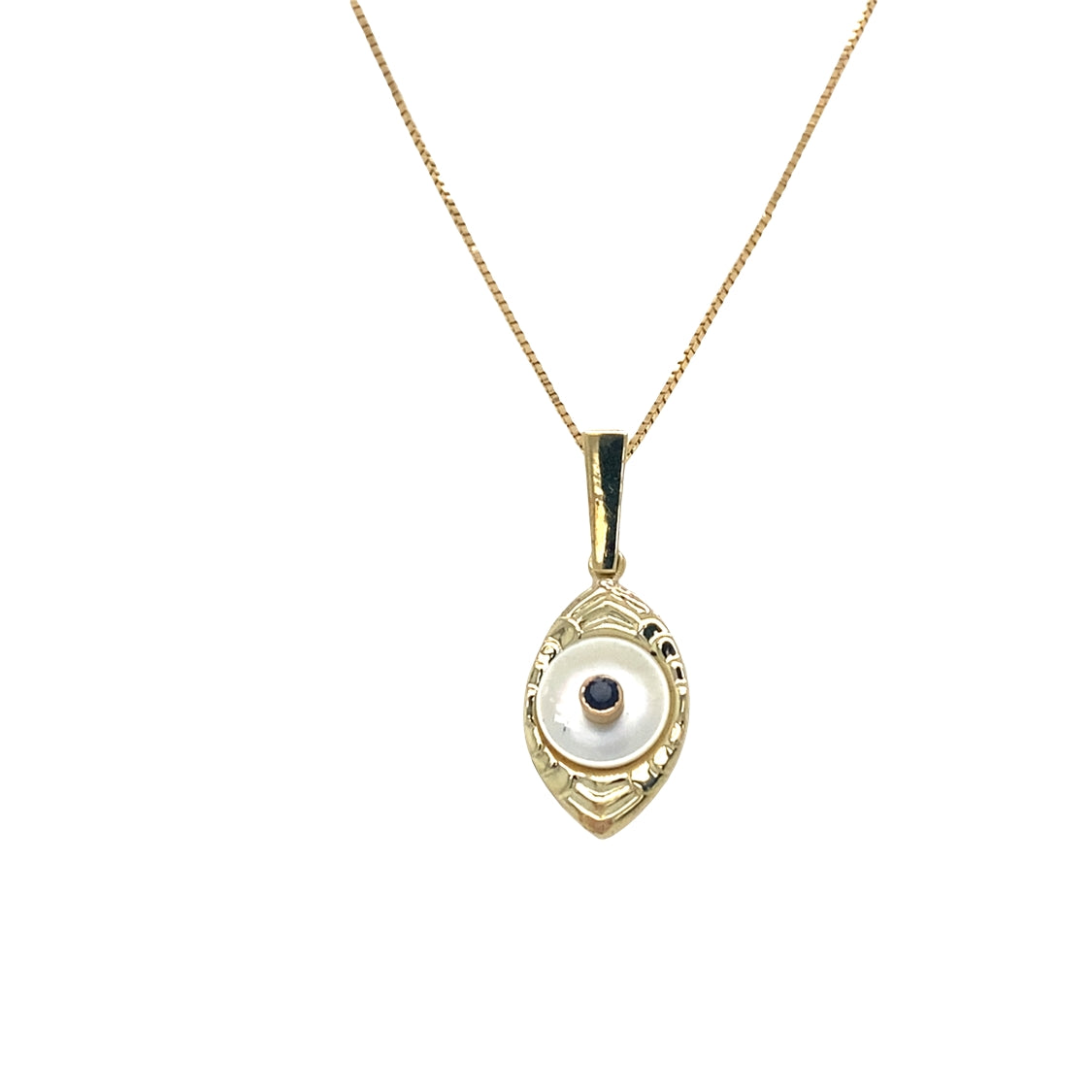 ESTATE MOP and Sapphire Evil Eye Pendant in Yellow Gold with 18" Chain
