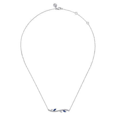 14K White Gold .32CTW Sapphire and .31CTW Diamond Floral Bar Necklace, 17.5" by Gabriel & Co.
