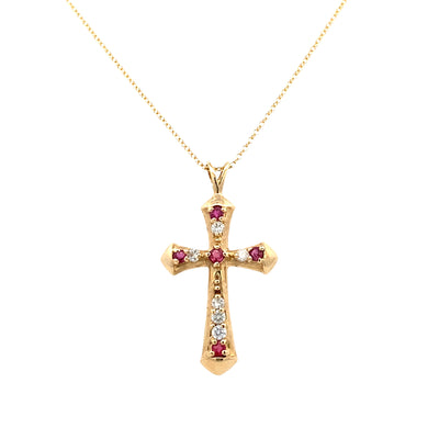 ESTATE Ruby & Diamond Cross in Yellow Gold