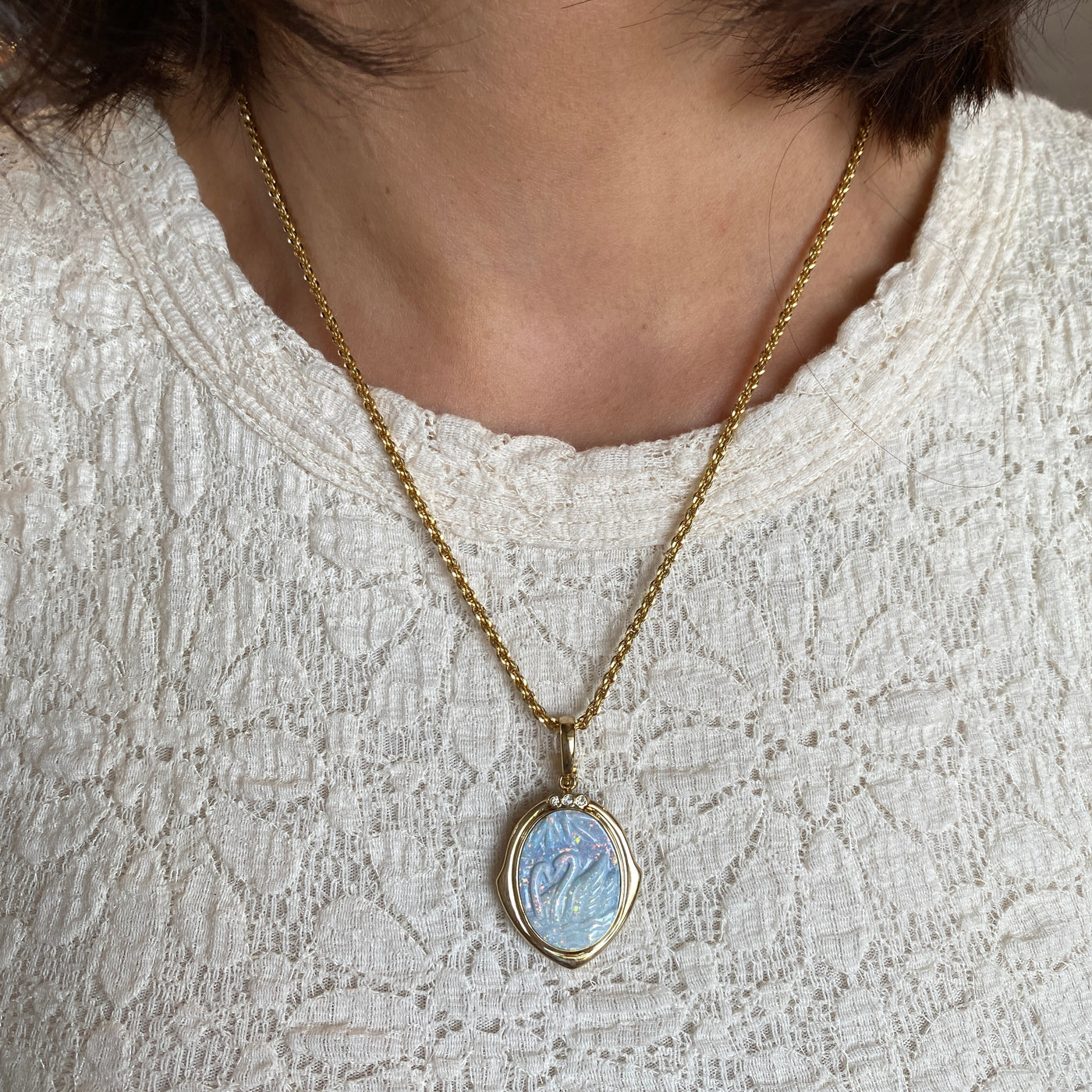 ESTATE Carved Opal Swan Pendant in Yellow Gold
