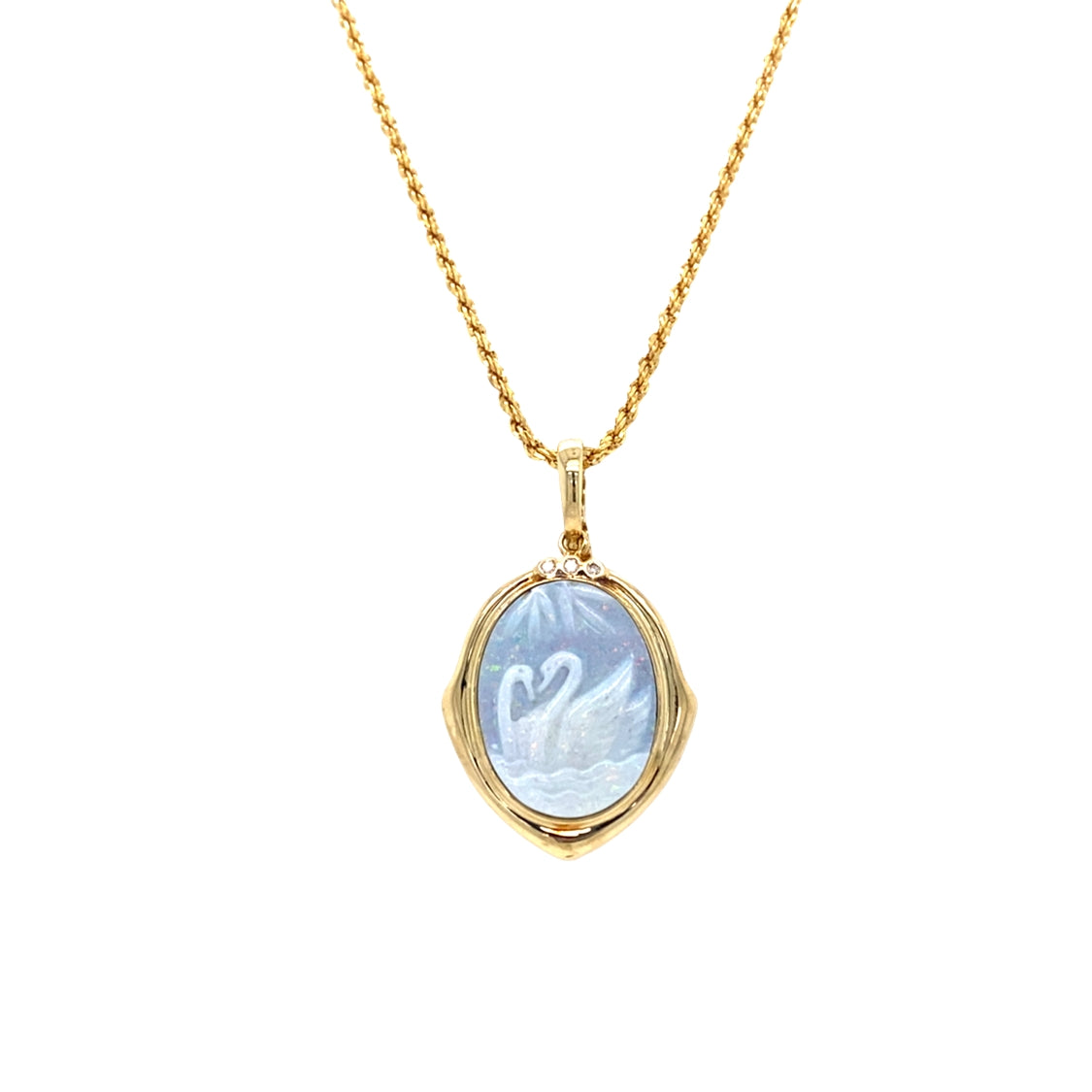 ESTATE Carved Opal Swan Pendant in Yellow Gold