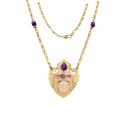 ESTATE Amethyst, Opal and Sapphire Pendant in Yellow Gold