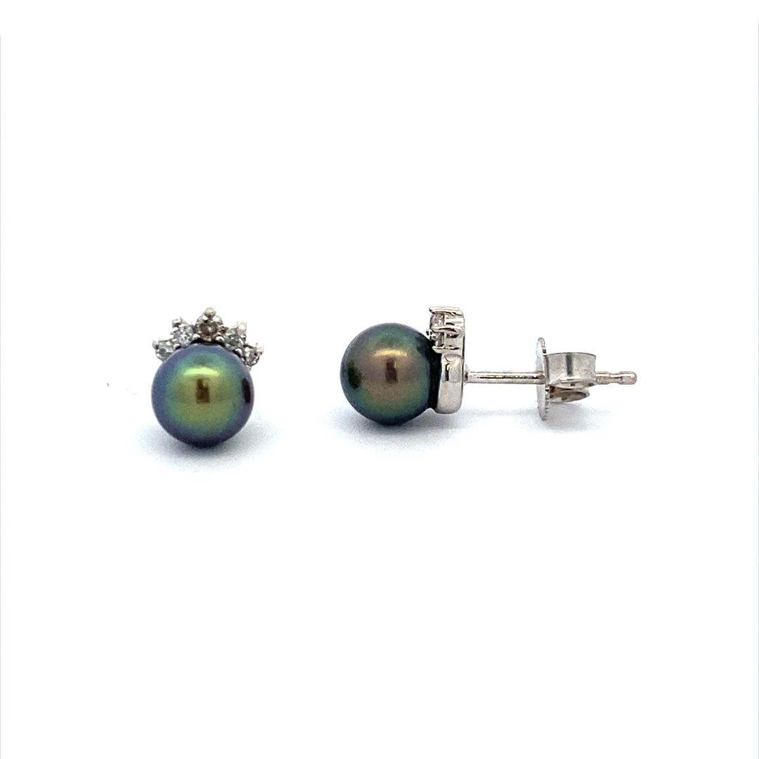 14 Karat Black Cultured Pearl and Diamond Stud Earrings 86767:101:P