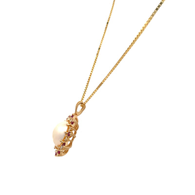 ESTATE Pearl, Ruby, and Diamond Pendant in Yellowo Gold