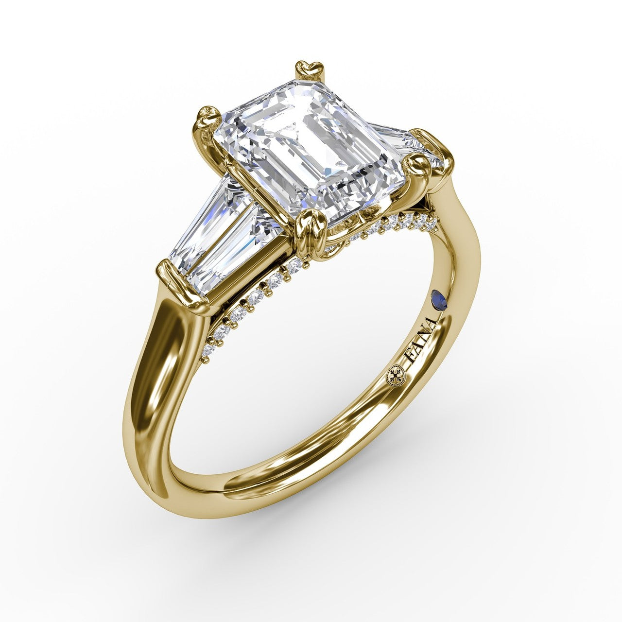 Three Stone Emerald  Cut CZ Engagement Ring in Yellow Gold by Fana