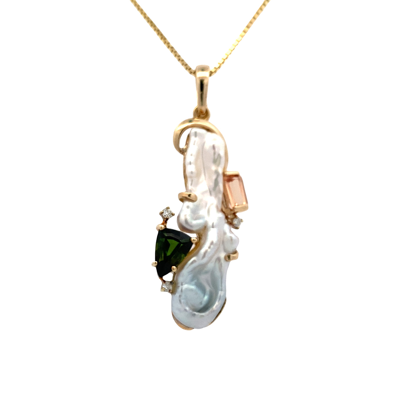 ESTATE Baroque Peral, Tourmaline and Precious Topaz Pendant in Yellow Gold