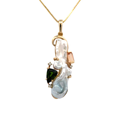 ESTATE Baroque Peral, Tourmaline and Precious Topaz Pendant in Yellow Gold