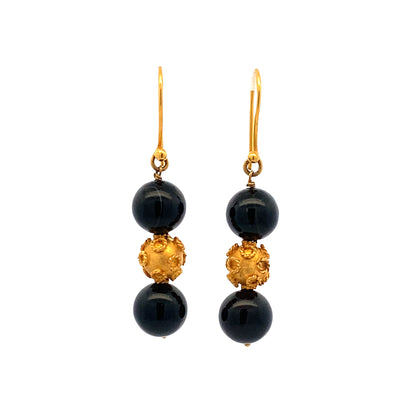 ESTATE Onyx and Gold Bead Drop Earrings in Yellow Gold