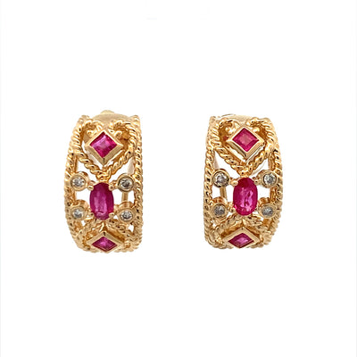 Estate Etruscan Ruby & Diamond Hoop Earrings 14 Karat Yellow Gold