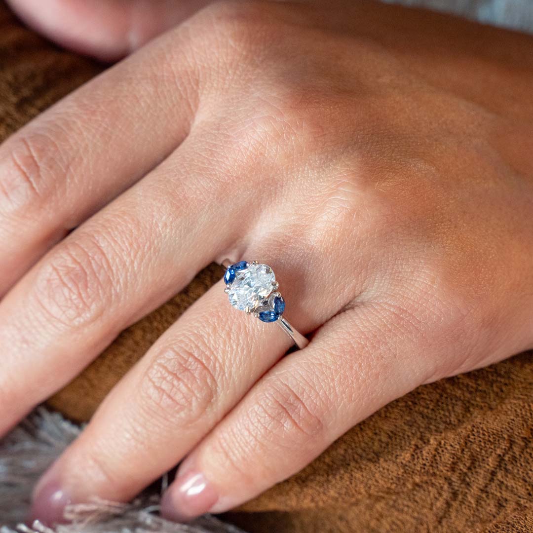 Oval Diamond Three Stone Sapphire Engagement Ring in White Gold by Gabriel & Co.