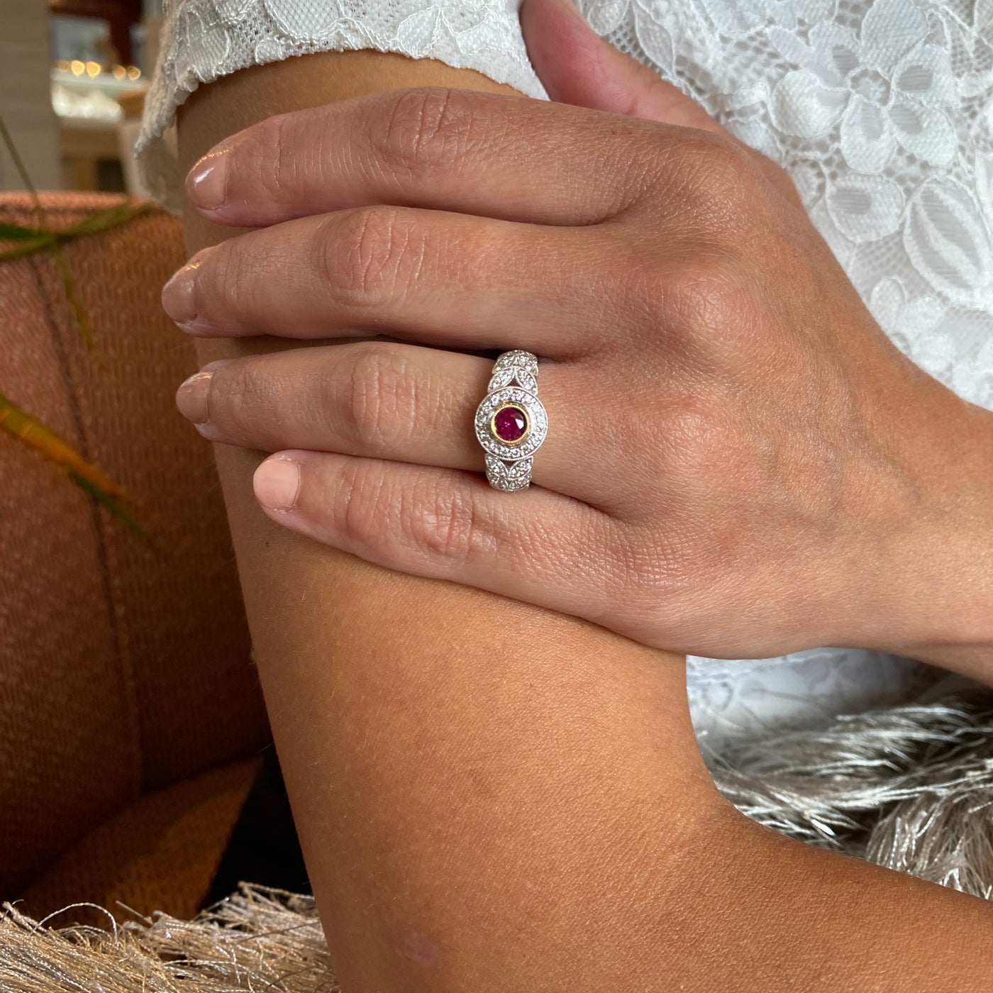 ESTATE Ruby and Diamond Ring in Two-Tone Gold
