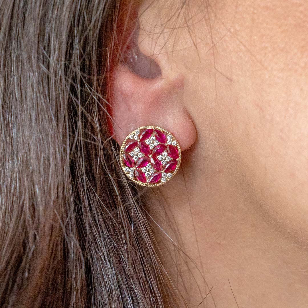 Ruby and Diamond Earrings in Yellow Gold by Allison Kaufman