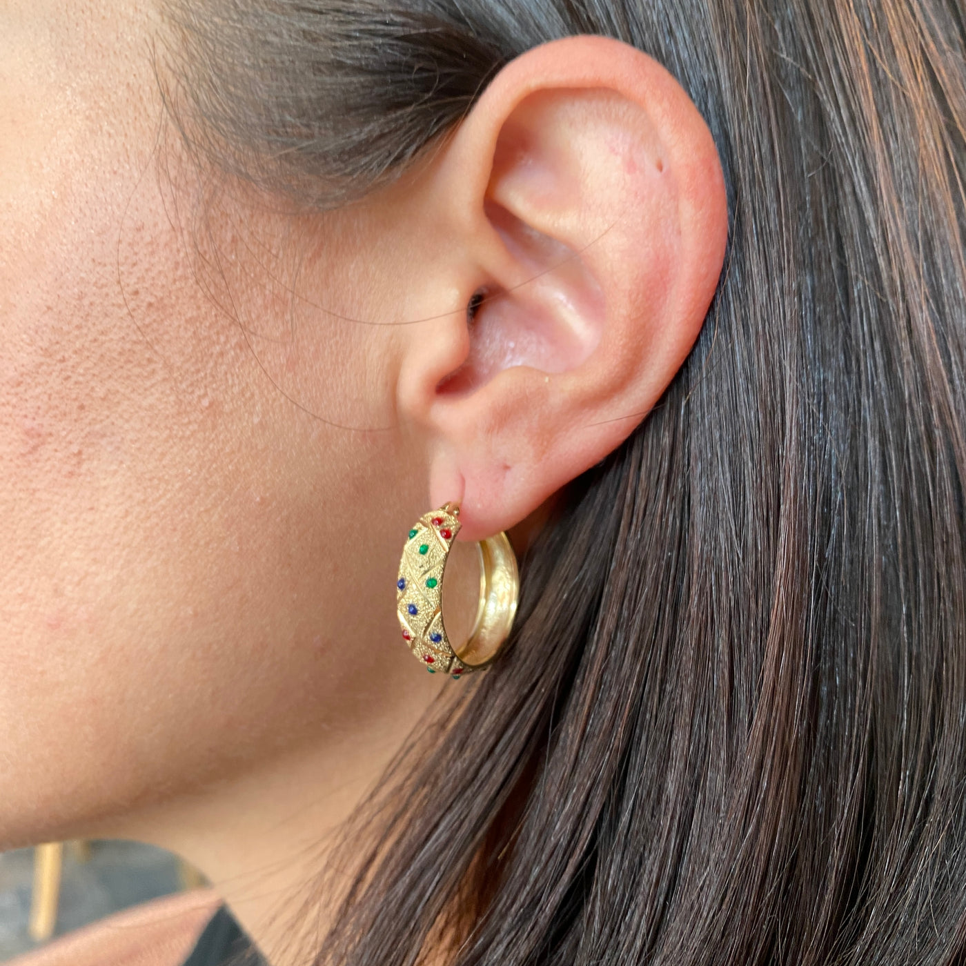 ESTATE Colored Diamond Hoops in Yellow Gold