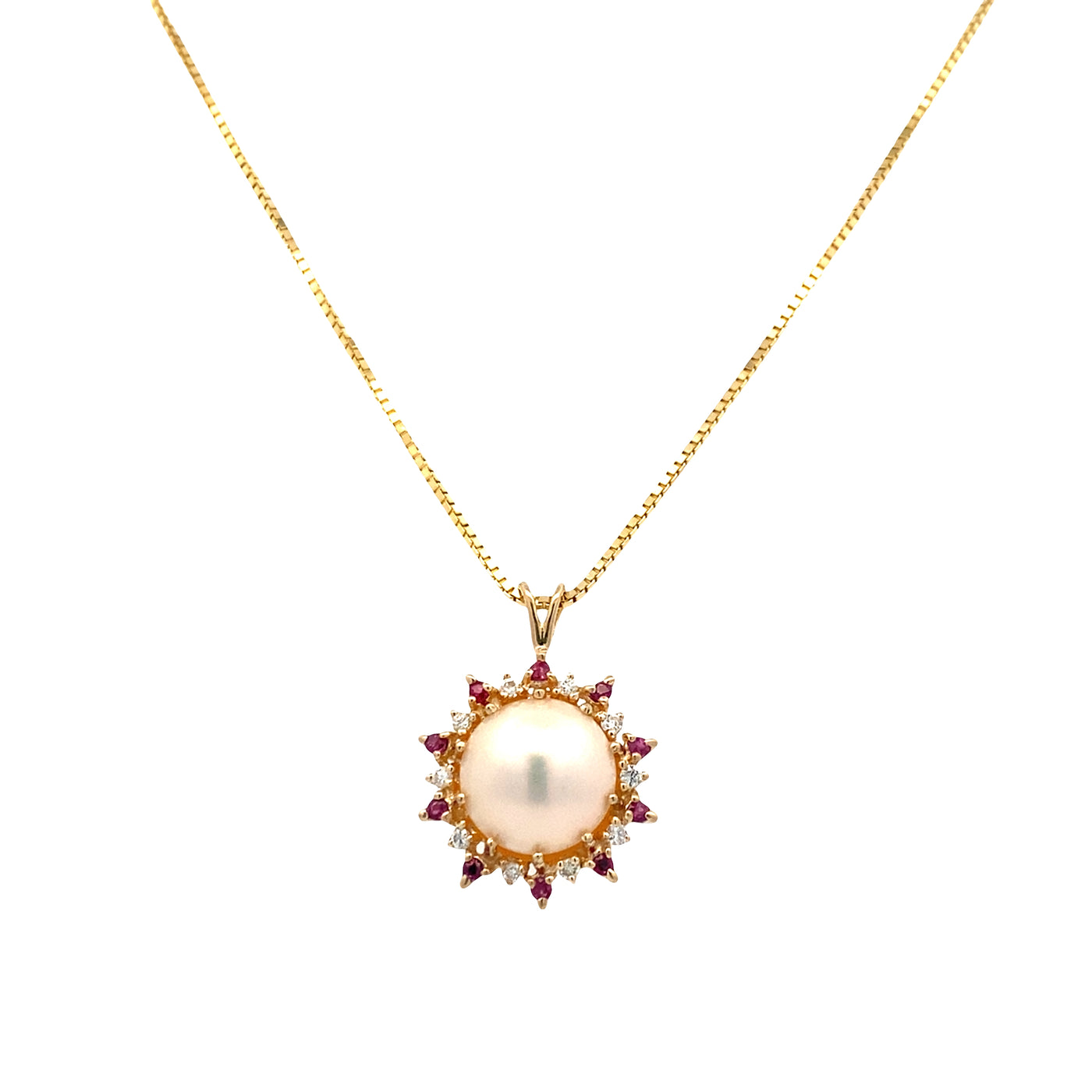 ESTATE Pearl, Ruby, and Diamond Pendant in Yellowo Gold