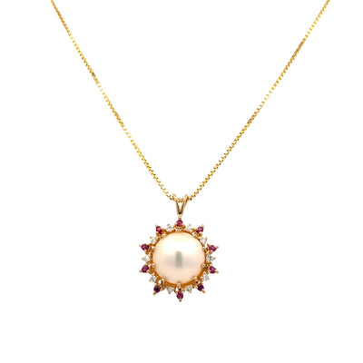 ESTATE Pearl, Ruby, and Diamond Pendant in Yellowo Gold