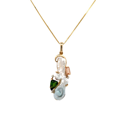 ESTATE Baroque Peral, Tourmaline and Precious Topaz Pendant in Yellow Gold