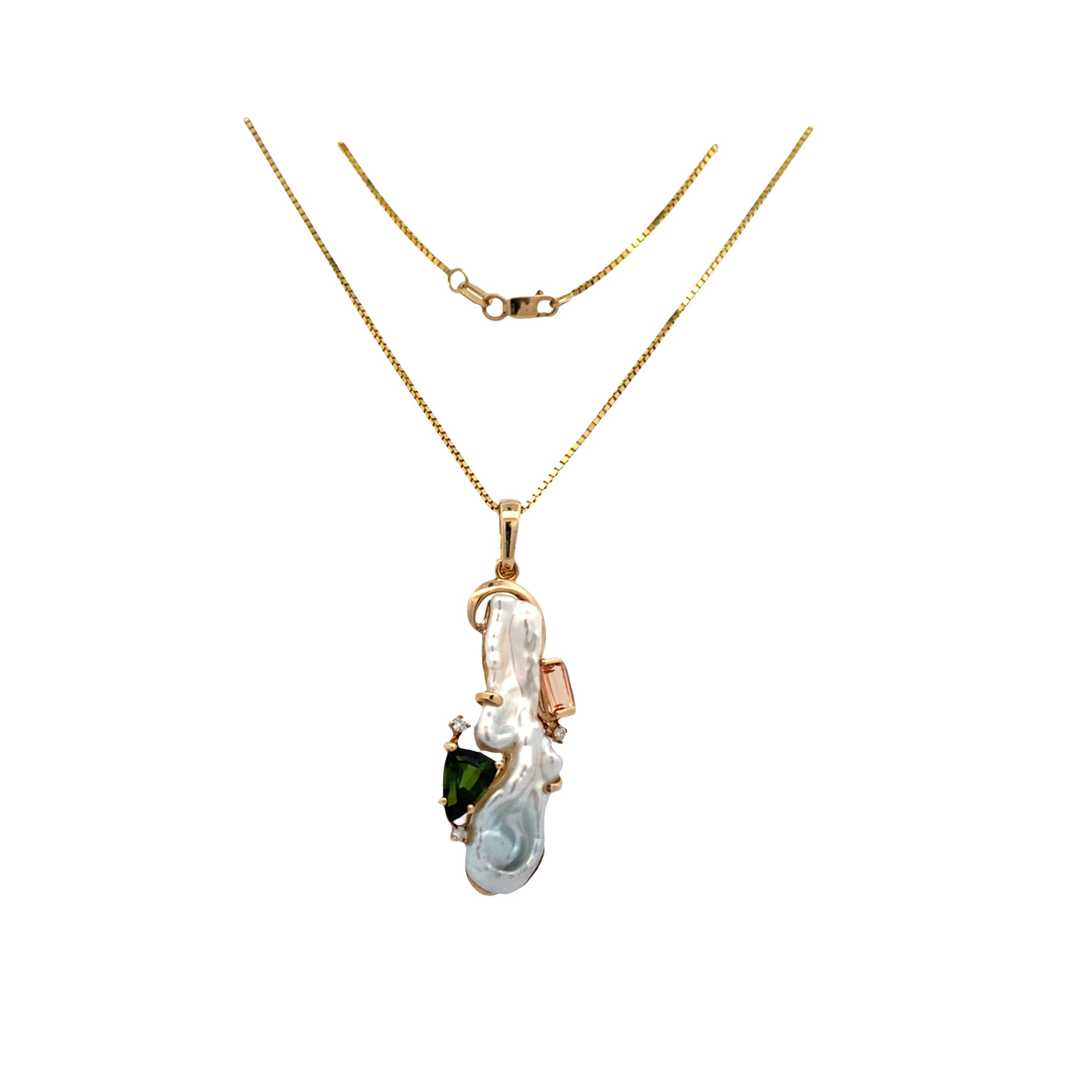 ESTATE Baroque Peral, Tourmaline and Precious Topaz Pendant in Yellow Gold