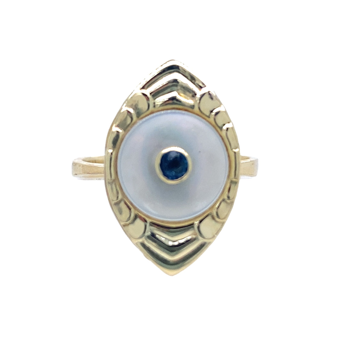 ESTATE MOP and Sapphire Evil Eye Ring in Yellow Gold