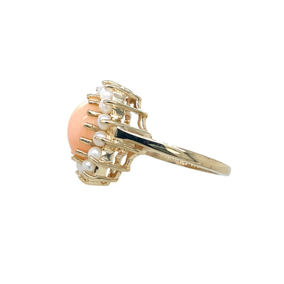 ESTATE Coral and Pearl Ring in Yellow Gold