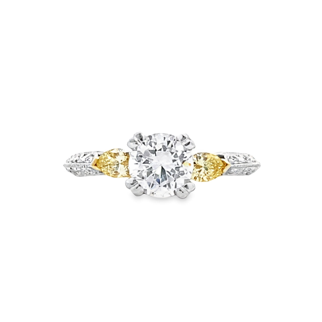Platinum 3 Stone  Round Shape Engagement Ring with Natural Yellow Diamond Sides O7TA14Z1D01029