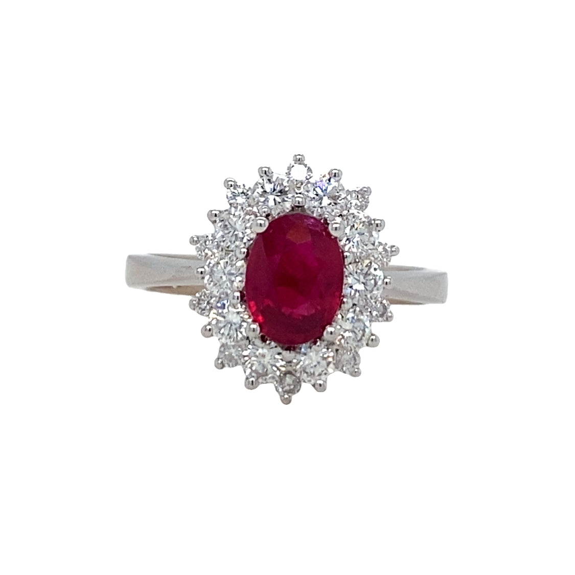 ESTATE Ruby and DIamond Halo Ring in White Gold