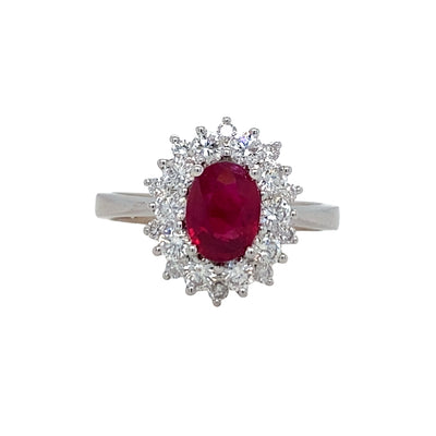 ESTATE Ruby and DIamond Halo Ring in White Gold