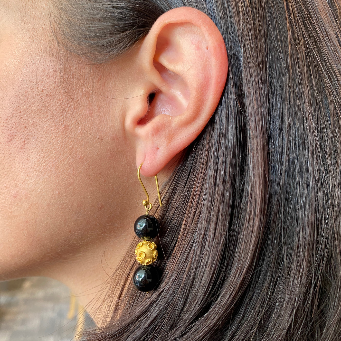 ESTATE Onyx and Gold Bead Drop Earrings in Yellow Gold