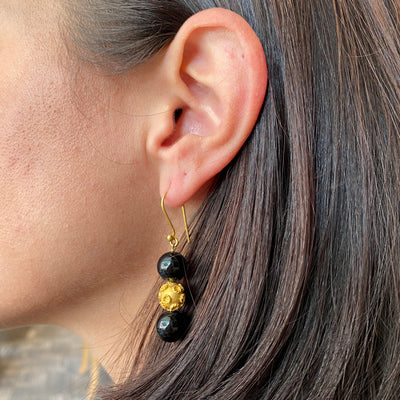 ESTATE Onyx and Gold Bead Drop Earrings in Yellow Gold