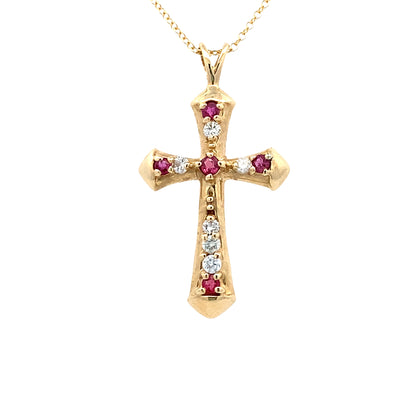 ESTATE Ruby & Diamond Cross in Yellow Gold