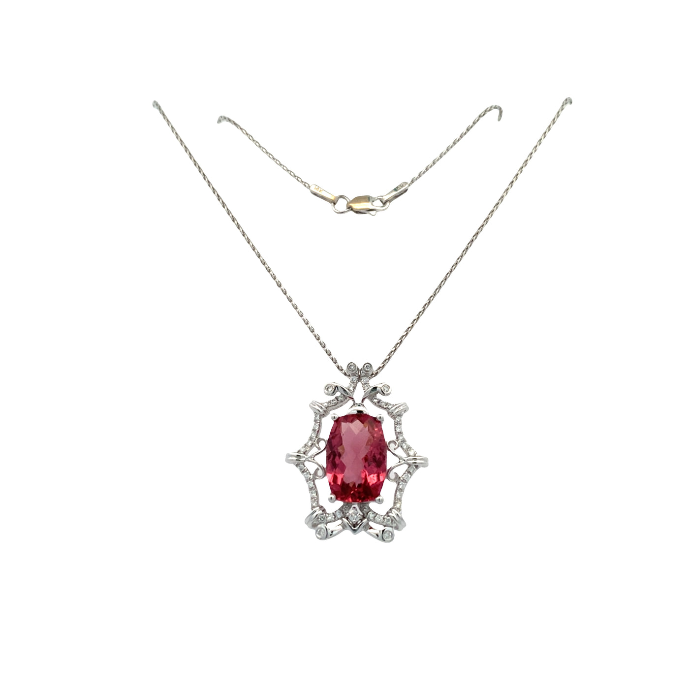 ESTATE Pink Tourmaline and DIamond Pendant in White Gold