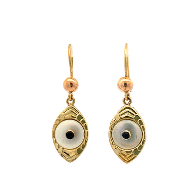 ESTATE Evil Eye MOP and Sapphire Earrings in Yellow Gold