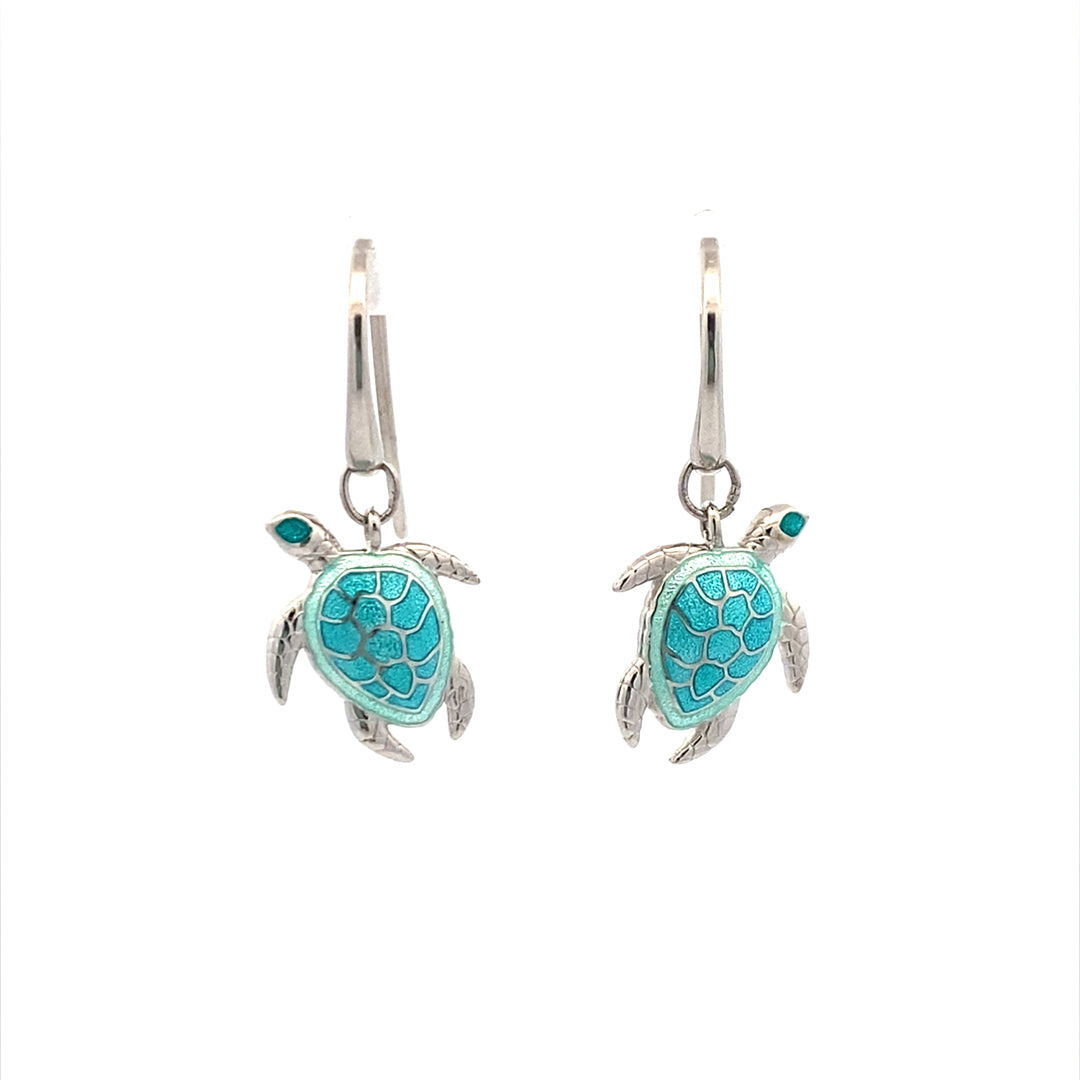 Green Enamel Turtle Wire Earrings in Silver by Nicole Barr