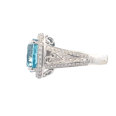 Blue Zircon and Diamond Ring in White Gold by Simon G. Jewelry