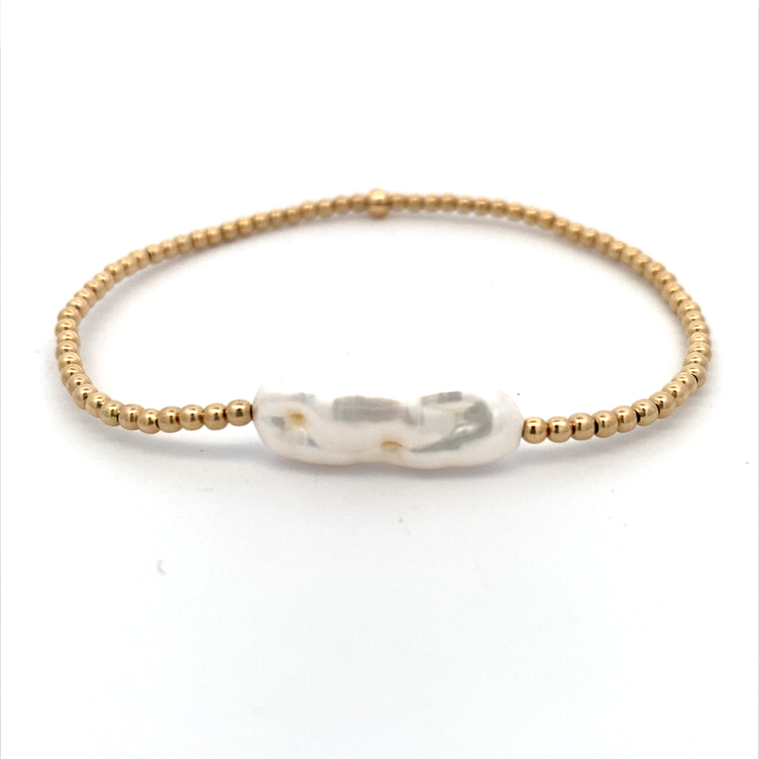 Karen Lazar Stretch 2mm Yellow Gold Filled and Pearl Bracelet Size 6.25