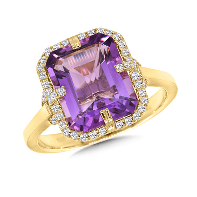 Emerald Cut Amethyst  & Diamond Halo Ring in Yellow Gold