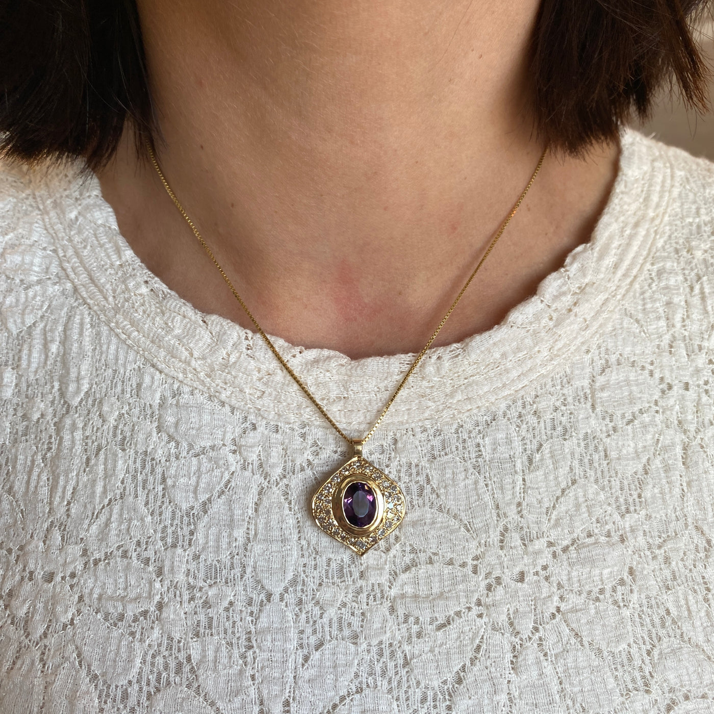 ESTATE Amethyst and Diamond Pendant in Yellow Gold