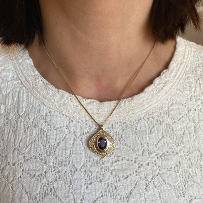 ESTATE Amethyst and Diamond Pendant in Yellow Gold