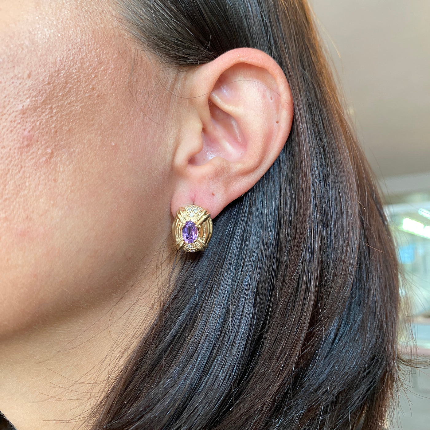 ESTATE Amethyst and Diamond Studs in Yellow Gold