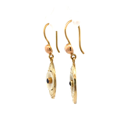 ESTATE Evil Eye MOP and Sapphire Earrings in Yellow Gold