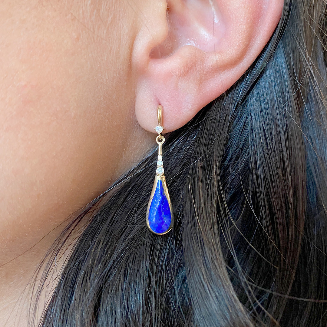Blue Lapis and Diamond Drop Earrings in Yellow Gold by Kabana