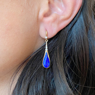 Blue Lapis and Diamond Drop Earrings in Yellow Gold by Kabana