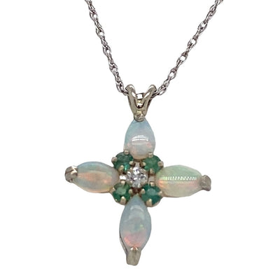 ESTATE Opal, Emerald and Diamond Cross Pendant in White Gold