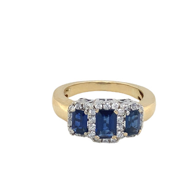 Estate Three Stone Blue Sapphire and Diamond Ring in Two-Tone Gold