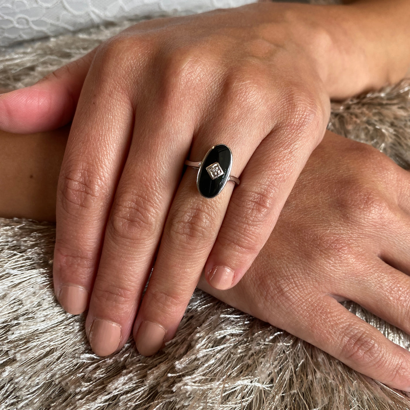 ESTATE Onyx and Diamond Ring in White Gold