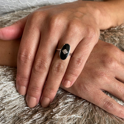 ESTATE Onyx and Diamond Ring in White Gold