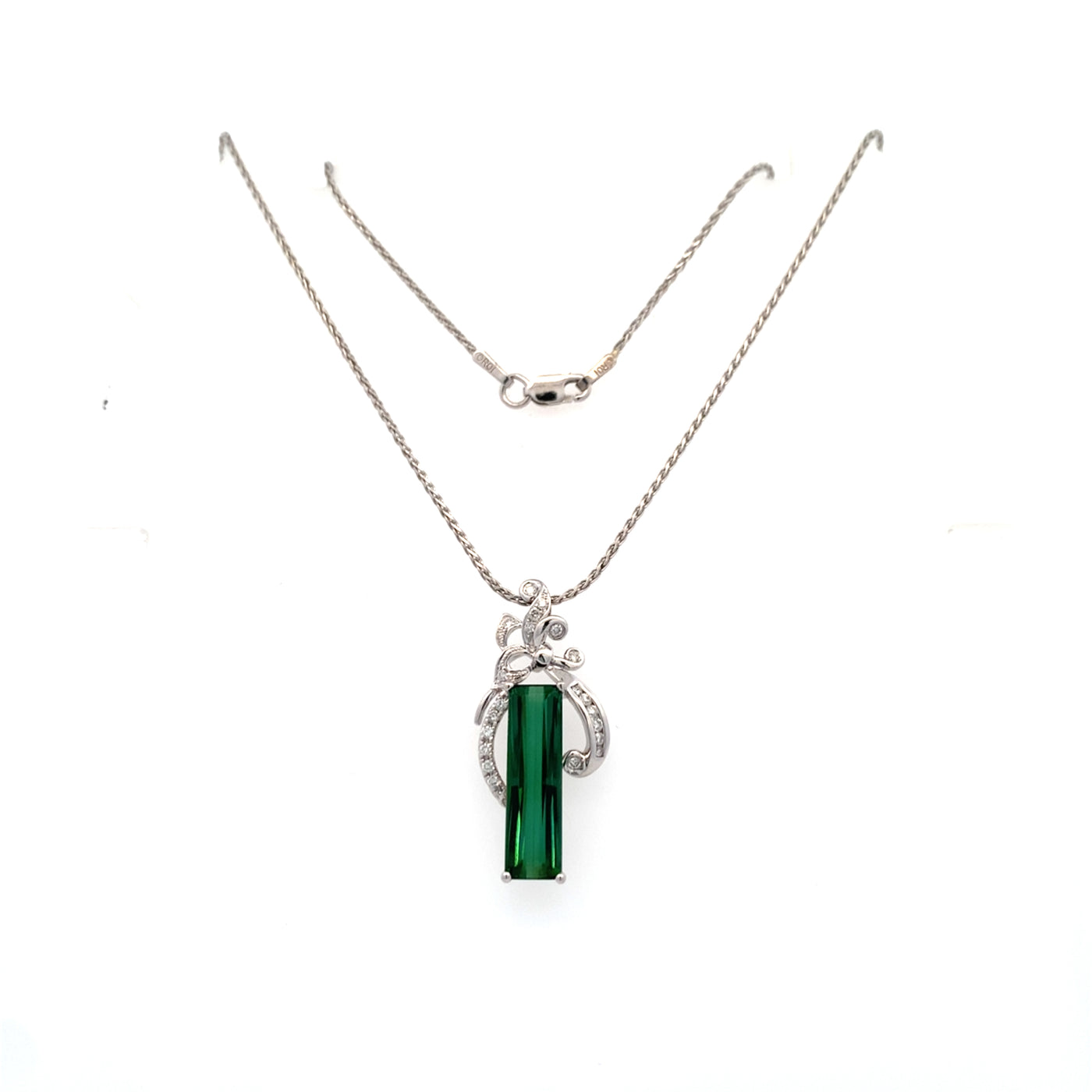 ESTATE Green Tourmaline and Diamond Pendant in White Gold