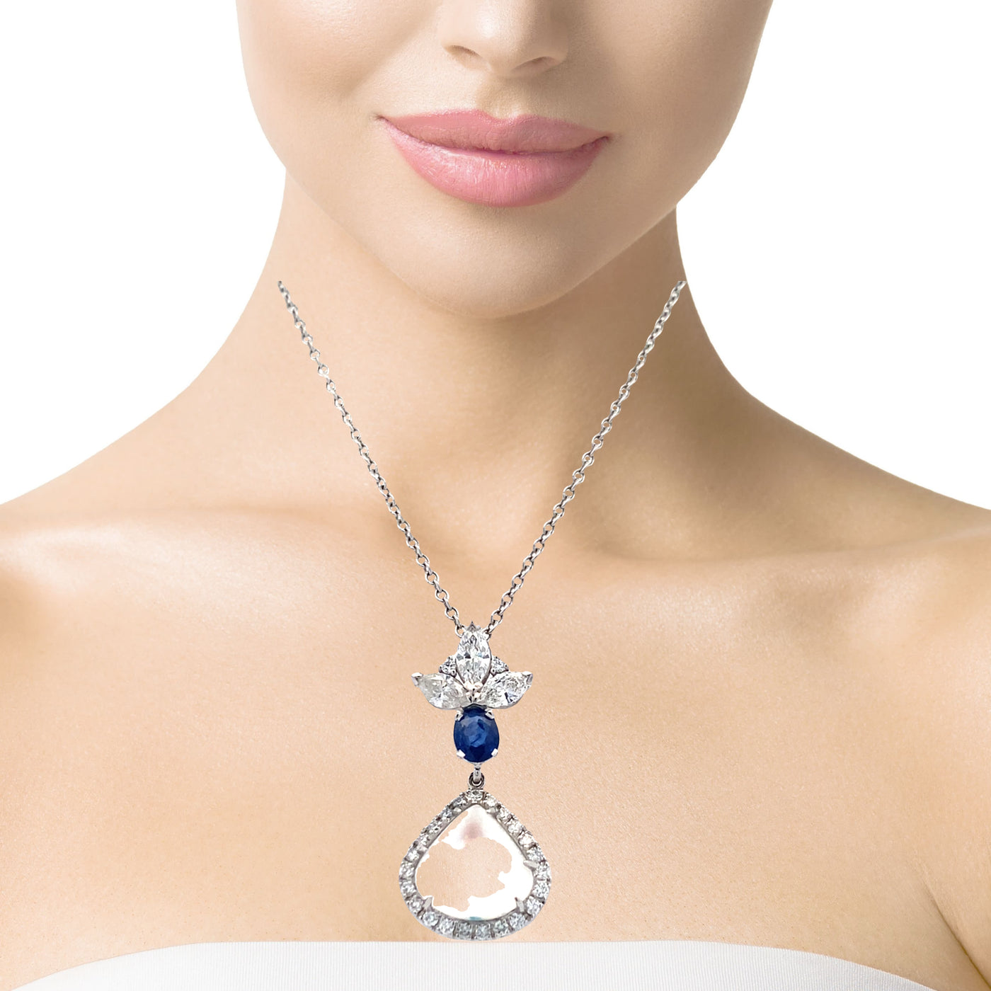 Moonstone, Sapphire and Diamond Pendant in White Gold by B&C